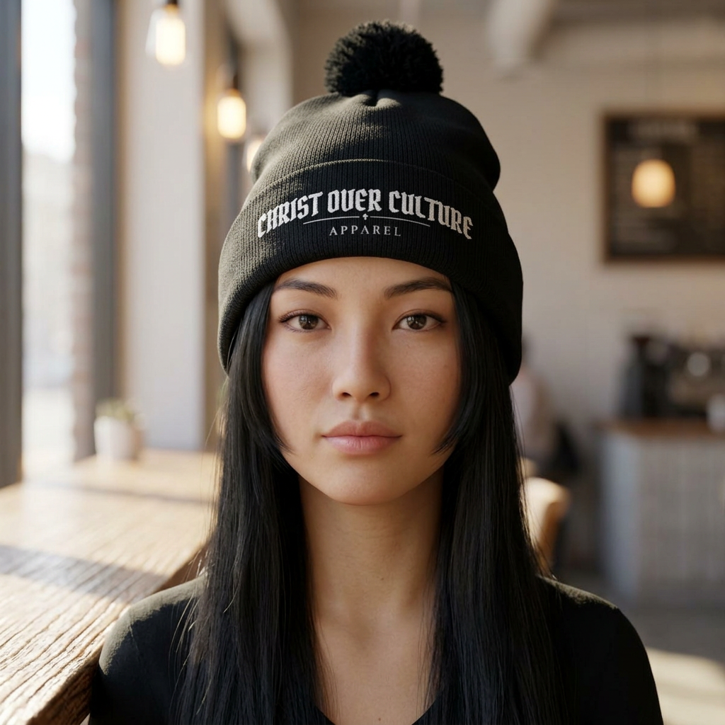 CHRIST OVER CULTURE EMBROIDERED POM-POM BEANIE